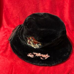 Ed Hardy Black Faux Fur Hat with Embroidery Art NWT